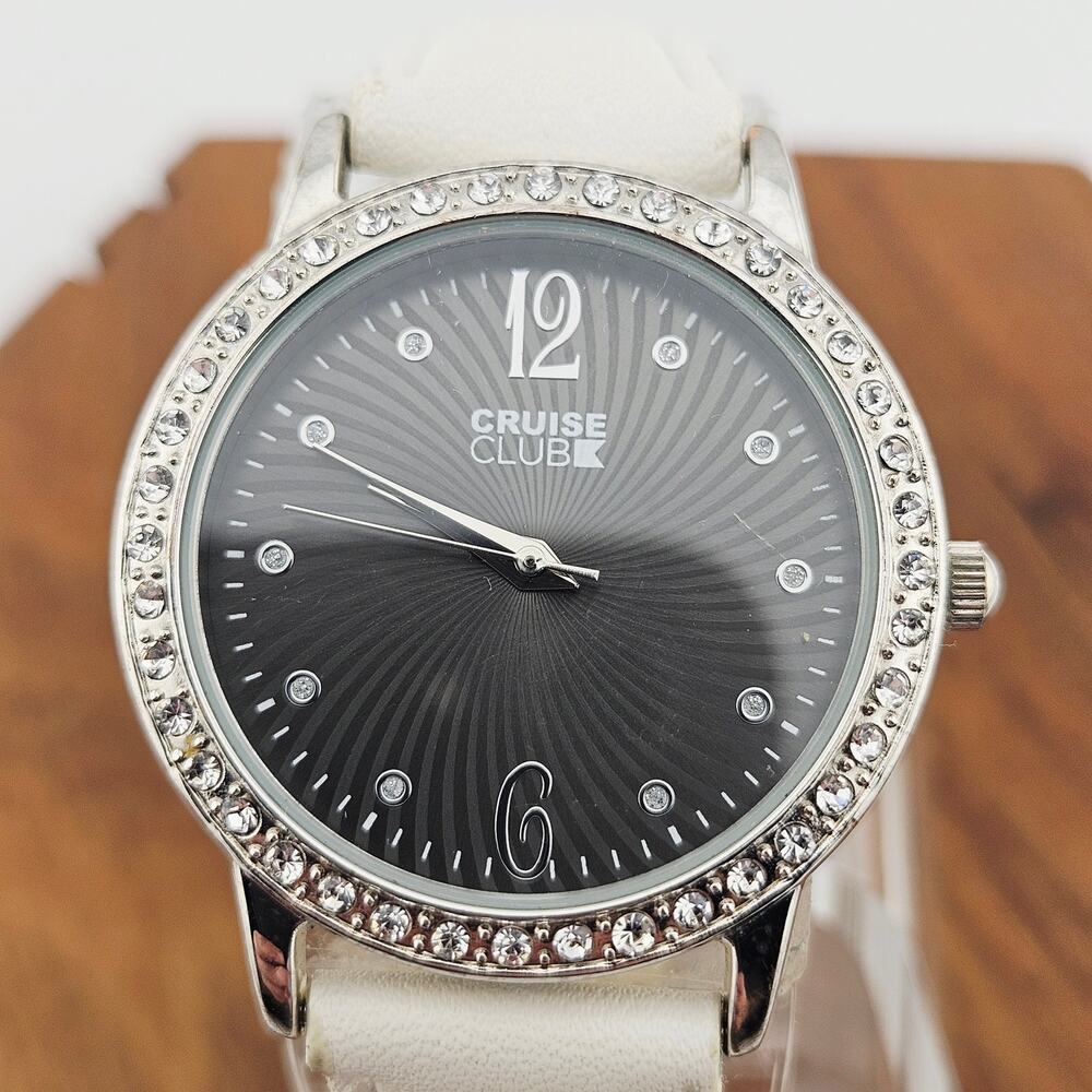 Cruise Club Women's Crystal Bezel Bling Sparkle Watch White Faux Leather Strap - Picture 2 of 6